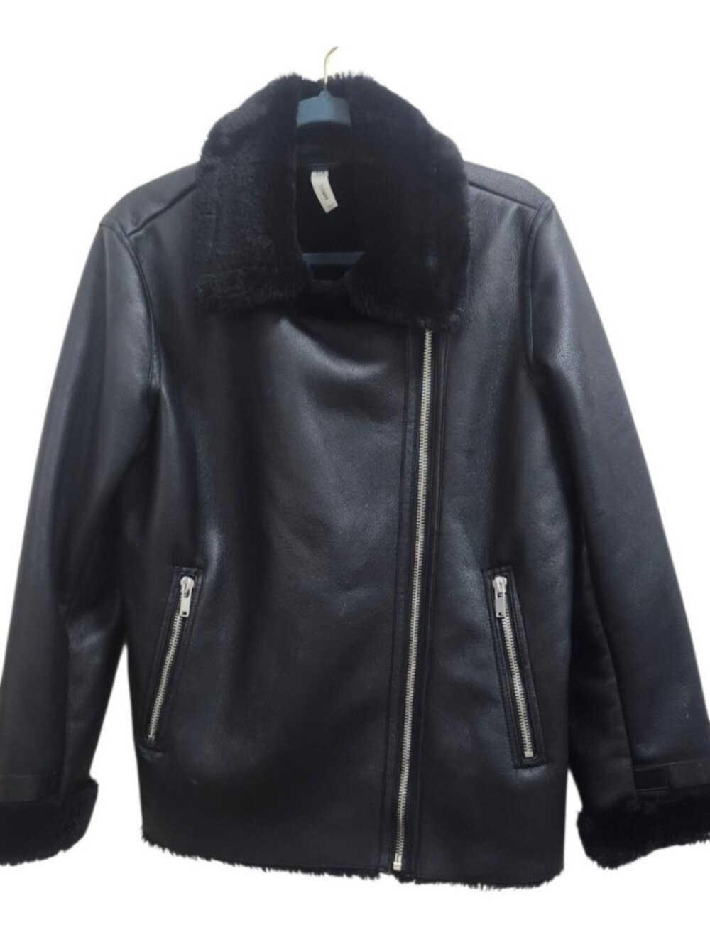 MNG Mango Faux Shearling Moto Jacket M Black Faux Leather Asymmetric Zip Biker - Picture 2 of 14